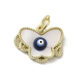 Evil Eye Enamel Shell Brass Butterfly Charms with Jump Rings, Real 18K Gold Plated, Midnight Blue, 11.5x15x3mm, Hole: 3.8mm