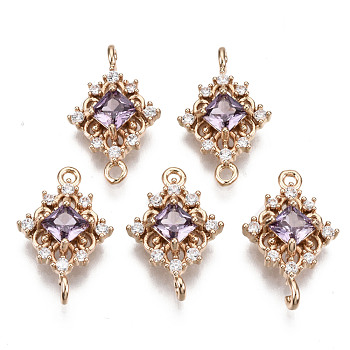 Brass Micro Pave Cubic Zirconia Links Connectors, with Glass, Long-Lasting Plated, Rhombus, Light Gold, Thistle, 17x11x4mm, Hole: 1.2mm