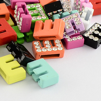 Mixed Color Zinc Alloy Grade A Rhinestone Letter Slide Charms, Letter.E, 12.5x8x4.5mm, Hole: 8x1.5mm