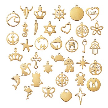 36Pcs 36 style 304 Stainless Steel Pendants, Laser Cut, Mixed Shapes, Golden, 1pc/style
