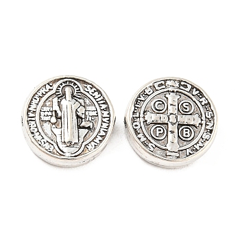 Tibetan Style Alloy Beads, Cadmium Free & Lead Free, Flat Round with Cssml Ndsmd Cross God Father Religious Christianity, Antique Silver, 10x3mm, Hole: 1mm, about 952pcs/1000g