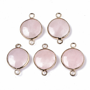 Natural Rose Quartz Links Connectors, with Light Gold Plated Brass Findings, Flat Round, 23~25.5x15~17.5x4~7mm, Hole: 2mm