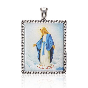 Alloy Glass Pendants, Rectangle with Virgin Mary, Colorful, 37x25x2mm, Hole: 3x4.5mm