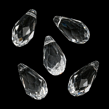 Glass Pendants, Faceted, Teardrop Charms, Clear, 20x10mm, Hole: 1.2mm