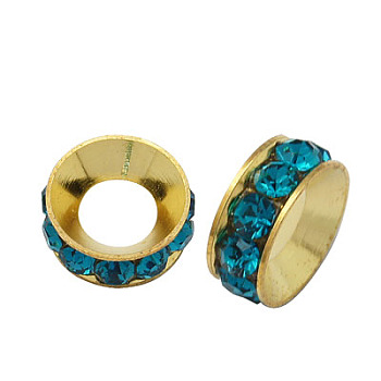 Brass Rhinestone Spacer Beads, Grade A, Rondelle, Golden Metal Color, Blue Zircon, 9x4mm, Hole: 4mm