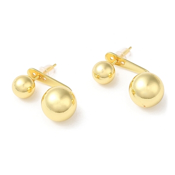 Rack Plating Brass Round Ball Front Back Stud Earrings, Dangle Stud Earrings, Real 18K Gold Plated, 23.5x11.5mm