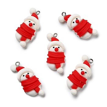 Opaque Resin Pendants, with Platinum Tone Iron Loops, Christmas Theme, Snowman, Red, 34x15x7mm, Hole: 2mm