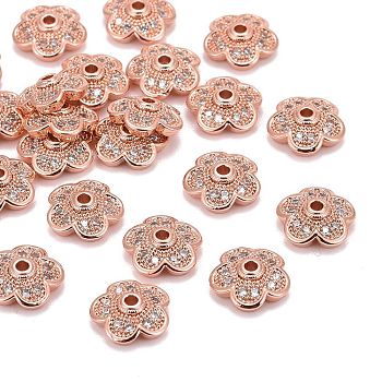 5-Petal Brass Micro Pave Clear Cubic Zirconia Bead Caps, Cadmium Free & Nickel Free & Lead Free, Real Rose Gold Plated, 9x9x3mm, Hole: 1.5mm