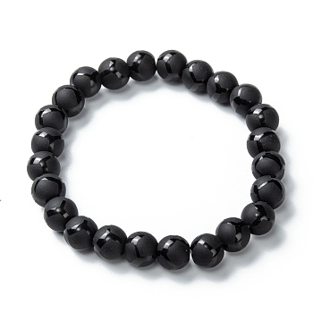 Frosted Glass Beads Stretch Bracelets, Round with Rhombus Pattern, Black, Beads: 8~8.5mm, Inner Diameter: 2 inch(5.2cm)
