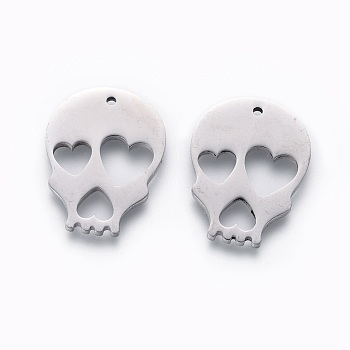 201 Stainless Steel Pendants, Manual Polishing, Skull with Heart, Stainless Steel Color, 21x16x1.5mm, Hole: 1.2mm