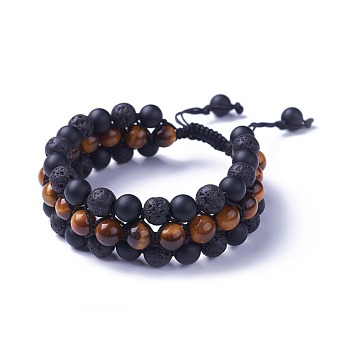 Adjustable Natural Tiger Eye Braided Bead Bracelets, with Natural Lava Rock, Natural Black Agate Beads and Nylon Cord, 2-3/8 inch~3 inch(5.9~7.8cm)
