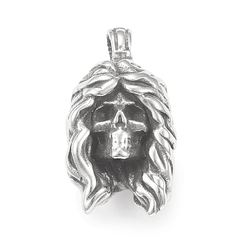 304 Stainless Steel Pendants, Skull Woman Charm, Antique Silver, 37.5x20x19mm, Hole: 4x6mm