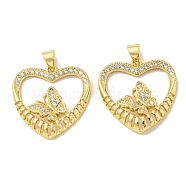 Rack Plating Brass Micro Pave Cubic Zirconia Pendants, Long-Lasting Plated, Lead Free & Cadmium Free, Heart with Butterfly Charm, Real 18K Gold Plated, 22x22x4mm, Hole: 5x3mm(KK-F869-17G)
