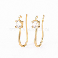 Brass Micro Pave Clear Cubic Zirconia Earring Hooks, with Horizontal Loop, Real 18K Gold Plated, 17x3.5mm, Hole: 1.2mm, 21 Gauge, Pin: 0.7mm(ZIRC-S068-004-NF)