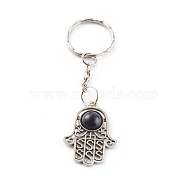 Alloy Hamsa Hand/Hand of Miriam Keychain, with Resin and Iron Split Key Rings, Black, Antique Silver, 9cm(KEYC-JKC00248)
