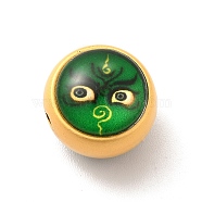 Alloy Enamel Beads, with Glass, Lead Free & Cadmium Free, Mette Gold Color, Round with Face Pattern, Green, 12.5x11.4mm, Hole: 1.8mm(ENAM-K067-77MG-02)