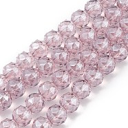 Transparent Electroplate Glass Beads Strands, Faceted, Round, Pearl Luster Plated, Pearl Pink, 9~10x9~9.5mm, Hole: 1.4mm, about 54~60pcs/strand, 18.90~21.65 inch(48~55cm)(EGLA-F154-PL04)