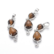 Natural Tiger Eye Kitten Pendants, with Platinum Tone Brass Findings, Cat with Bowknot Shape, 35.5x12x6mm, Hole: 5x7mm(G-J386-E08)