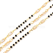 Handmade Brass Beaded Chains, with Rectangle Cubic Zirconia Links & Column Glass Beads, Long-Lasting Plated, Soldered, with Spool, Golden, Black, Link: 10x2.5x1.5mm, 1.5x1.5mm(CHC-C019-02)