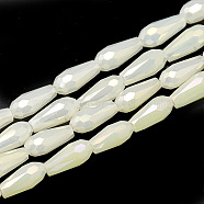Electroplate Glass Beads Strands, Imitation Jade Glass, Faceted Teardrop, Beige, 9~9.5x4mm, Hole: 1mm, about 72pcs/strand, 25.98 inch(EGLA-Q099-A02)