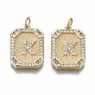 Brass Micro Pave Clear Cubic Zirconia Pendants, Nickel Free, Real 18K Gold Plated, Rounded Rectangle with Word, Letter.K, 19x14x2.5mm, Jump Ring: 5x0.7mm, 3mm inner diameter(KK-S356-234K-G-NF)