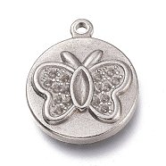 304 Stainless Steel Pendants Rhinestone Settings, Flat Round with Butterfly, Stainless Steel Color, 17x14x2.5mm, Hole: 1.2mm, Fit for 1.8mm and 4x1.5mm Rhinestone. (STAS-H113-07P)