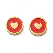 304 Stainless Steel Enamel Beads, Real 14K Gold Plated, Flat Round with Heart, Red, 8x3.5mm, Hole: 2mm(STAS-L022-096G)