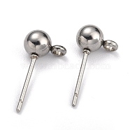 304 Stainless Steel Ball Post Stud Earring Findings, with Loop and 316 Surgical Stainless Steel Pin, Stainless Steel Color, 16x8x5mm, Hole: 1.6mm, Pin: 0.8mm(STAS-Z035-01P-D)