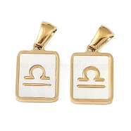 Constellations Natural White Shell Pendants, Ion Plating(IP) 304 Stainless Steel Rectangle Charms, Real 18K Gold Plated, Libra, 16x10.5x1.5mm, Hole: 5x3mm(STAS-M338-01J-G)