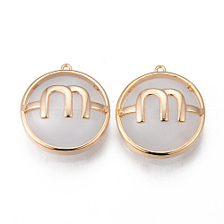 (Holiday Stock-Up Sale)Cat Eye Pendants, with Brass Findings, Flat Round with Letter M, Nickel Free, Real 18K Gold Plated, 17x16x5.5mm, Hole: 0.8mm(KK-R116-042-NF)