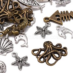 Tibetan Style Alloy Pendants, Marine Organism Shapes, Mixed Color, 12~49x7.5~43.5x1.5~4.5mm, Hole: 1.5~7.5mm(TIBEP-MSMC024-01)