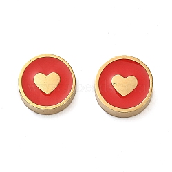 304 Stainless Steel Enamel Beads, Real 14K Gold Plated, Flat Round with Heart, Red, 8x3.5mm, Hole: 2mm(STAS-L022-096G)