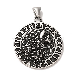 Viking 304 Stainless Steel Pendant, with 201 Stainless Steel Snap On Bails, Flat Round with Wolf & Helm of Awe Charm, Antique Silver, 44x39x5mm, Hole: 4x8mm(STAS-A080-25AS)