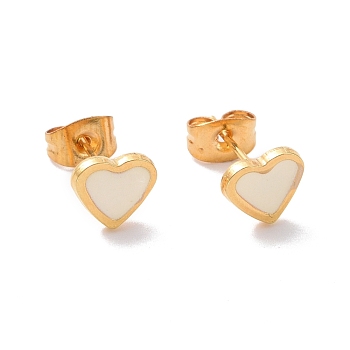 304 Stainless Steel Enamel Stud Earrings, with 316 Surgical Stainless Steel Pin, Golden, Heart, White, 7x7.5x2mm, Pin: 0.8mm