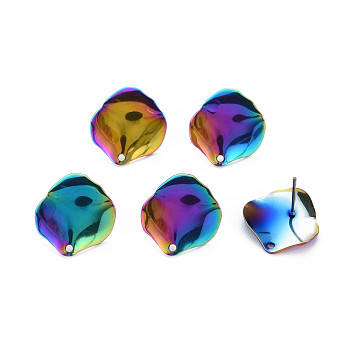 Rainbow Color 304 Stainless Steel Stud Earring Findings, with Hole, Shell Shape, 16x15.5mm, Hole: 1.2mm, Pin: 0.7mm