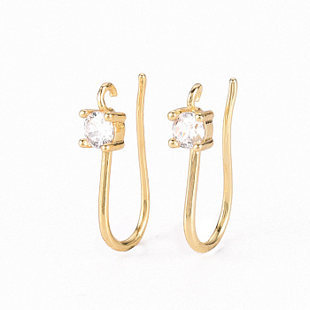 Brass Micro Pave Clear Cubic Zirconia Earring Hooks, with Horizontal Loop, Real 18K Gold Plated, 17x3.5mm, Hole: 1.2mm, 21 Gauge, Pin: 0.7mm