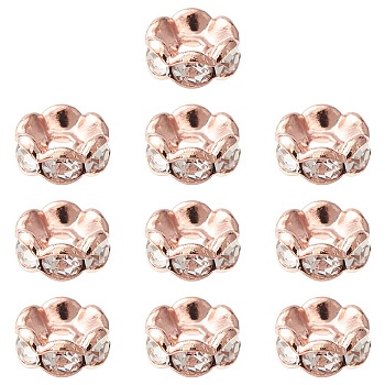 Brass Rhinestone Spacer Beads, Grade A, Wavy Edge, Rondelle, Crystal, Rose Gold, 6x3mm, Hole: 1mm