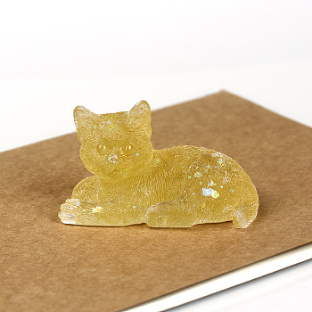 Natural Citrine Cat Display Decorations, Sequins Resin Figurine Home Decoration, for Home Feng Shui Ornament, 80x50x50mm