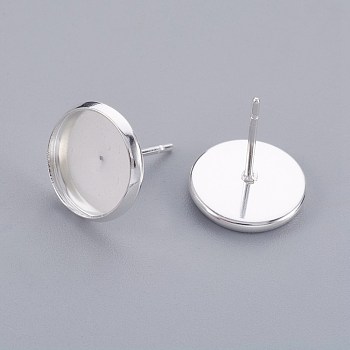 304 Stainless Steel Stud Earring Findings, Flat Round, Silver Color Plated, Tray: 10mm, 12x2mm, Pin: 0.8mm