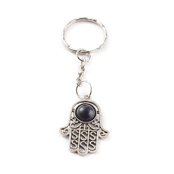 Alloy Hamsa Hand/Hand of Miriam Keychain, with Resin and Iron Split Key Rings, Black, Antique Silver, 9cm