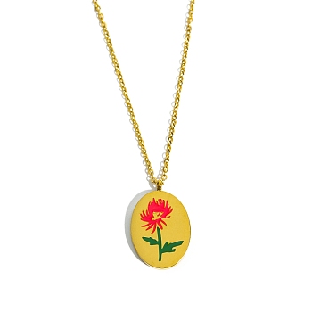 Birth Month Flower Style Titanium Steel Oval Pendant Necklace, Golden, November Chrysanthemum, 15.75 inch(40cm)