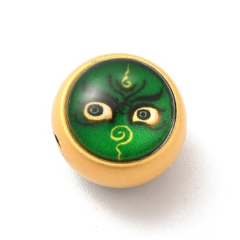 Alloy Enamel Beads, with Glass, Lead Free & Cadmium Free, Mette Gold Color, Round with Face Pattern, Green, 12.5x11.4mm, Hole: 1.8mm
