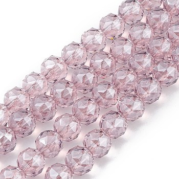 Transparent Electroplate Glass Beads Strands, Faceted, Round, Pearl Luster Plated, Pearl Pink, 9~10x9~9.5mm, Hole: 1.4mm, about 54~60pcs/strand, 18.90~21.65 inch(48~55cm)