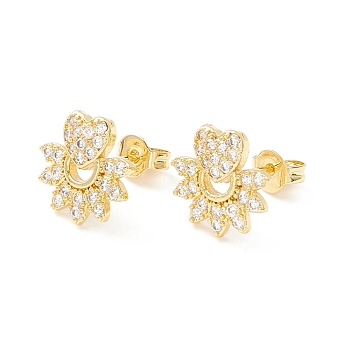Clear Cubic Zirconia Flower with Heart Stud Earrings, Brass Jewelry for Women, Cadmium Free & Nickel Free & Lead Free, Real 18K Gold Plated, 11x12mm, Pin: 0.7mm