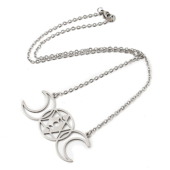 201 Stainless Steel Triple Moon Goddess Pendant Necklace with Cable Chains, Stainless Steel Color, 17.09 inch(43.4cm)
