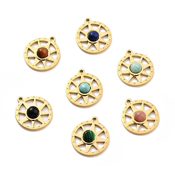 Natural Gemstone Charms, with Ion Plating(IP) 304 Stainless Steel Findings, Real 24K Gold Plated, Flat Round, 13.5x12x3mm, Hole: 1mm