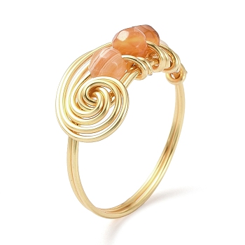 Natural Carnelian Round Beaded Finger Ring, Light Gold Copper Wire Wrapped Vortex Ring, US Size 8 1/2(18.5mm)