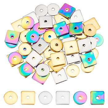 60Pcs 6 Style Ion Plating(IP) 304 Stainless Steel Spacer Beads, Mixed Shape, Mixed Color, 6x0.8mm, Hole: 1~1.2mm, 10pcs/style