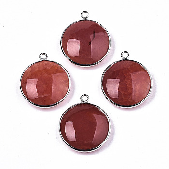 Natural Crackle Agate Pendants, with Platinum Plated Brass Findings, Dyed & Heated, Flat Round, FireBrick, 27~28x23~24x7~9.5mm, Hole: 2mm