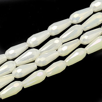 Electroplate Glass Beads Strands, Imitation Jade Glass, Faceted Teardrop, Beige, 9~9.5x4mm, Hole: 1mm, about 72pcs/strand, 25.98 inch